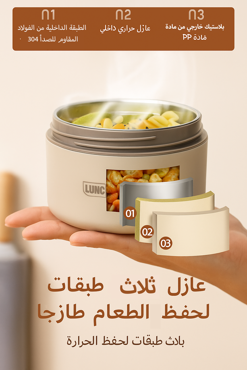 حافظة الغداء الحراري (lunch box) بثلاث طبقات